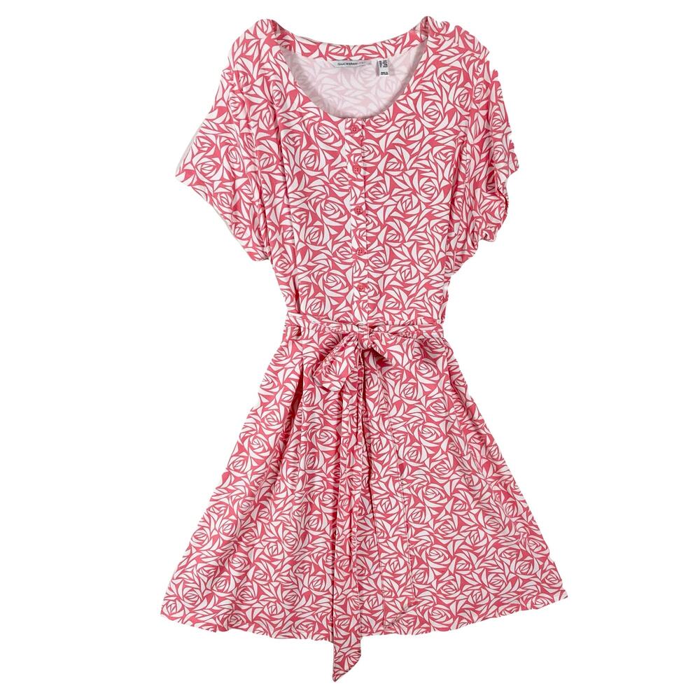 Nwot ISAAC MIZRAHI Dress 2X Petite Pink Geo Floral-Print Belted Tie-Bow Buttoned